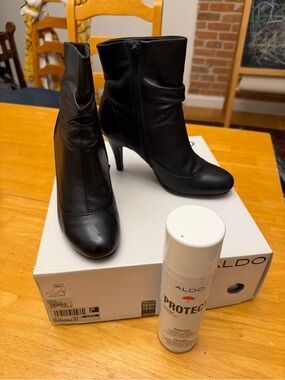 Aldo Black Leather Pointed Ankle Boots with Stiletto Heel